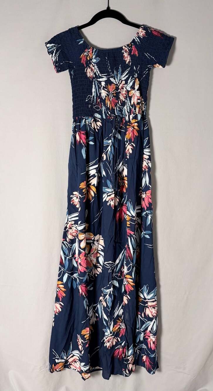 Band of Gypsies Navy Blue Floral Smocked Maxi Dress with Slit Small
